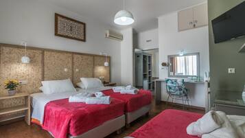 Una habitación de hotel con dos camas, un escritorio, una silla, un televisor y un espejo.