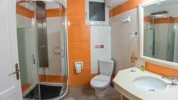 A bathroom with a glass-enclosed shower, a toilet, and a sink with a mirror.