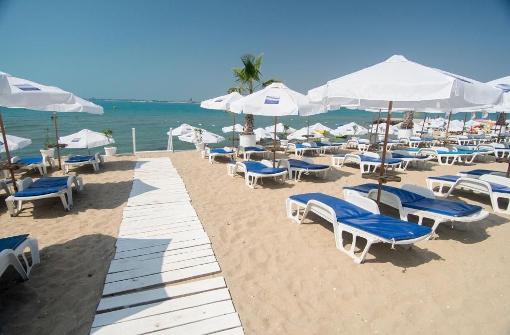 Zona de playa con sillas y sombrillas blancas, un muelle de madera y una vista despejada del océano.