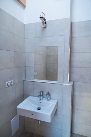 A bathroom with a white sink, a mirror, and a wall-mounted light fixture. - Gregory House (Prague)