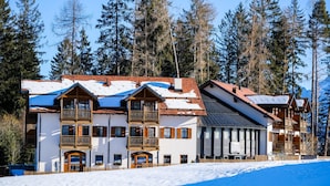 A multi-story hotel with a snow-covered roof, wooden balconies, and a view of a snowy landscape. - Hotel Leonard (Nova Ponente)