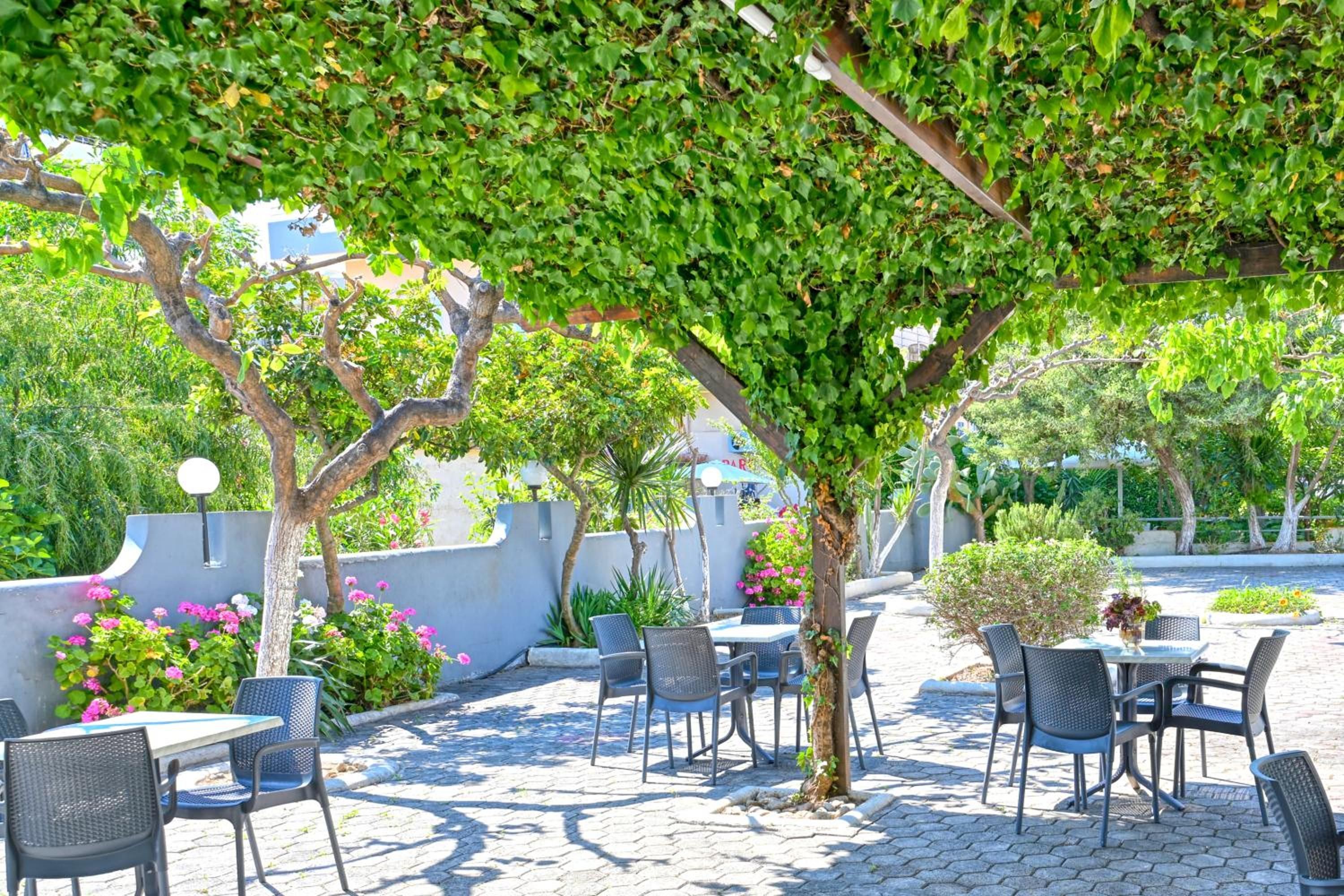 An outdoor patio with tables and chairs, surrounded by greenery and a clear sky.