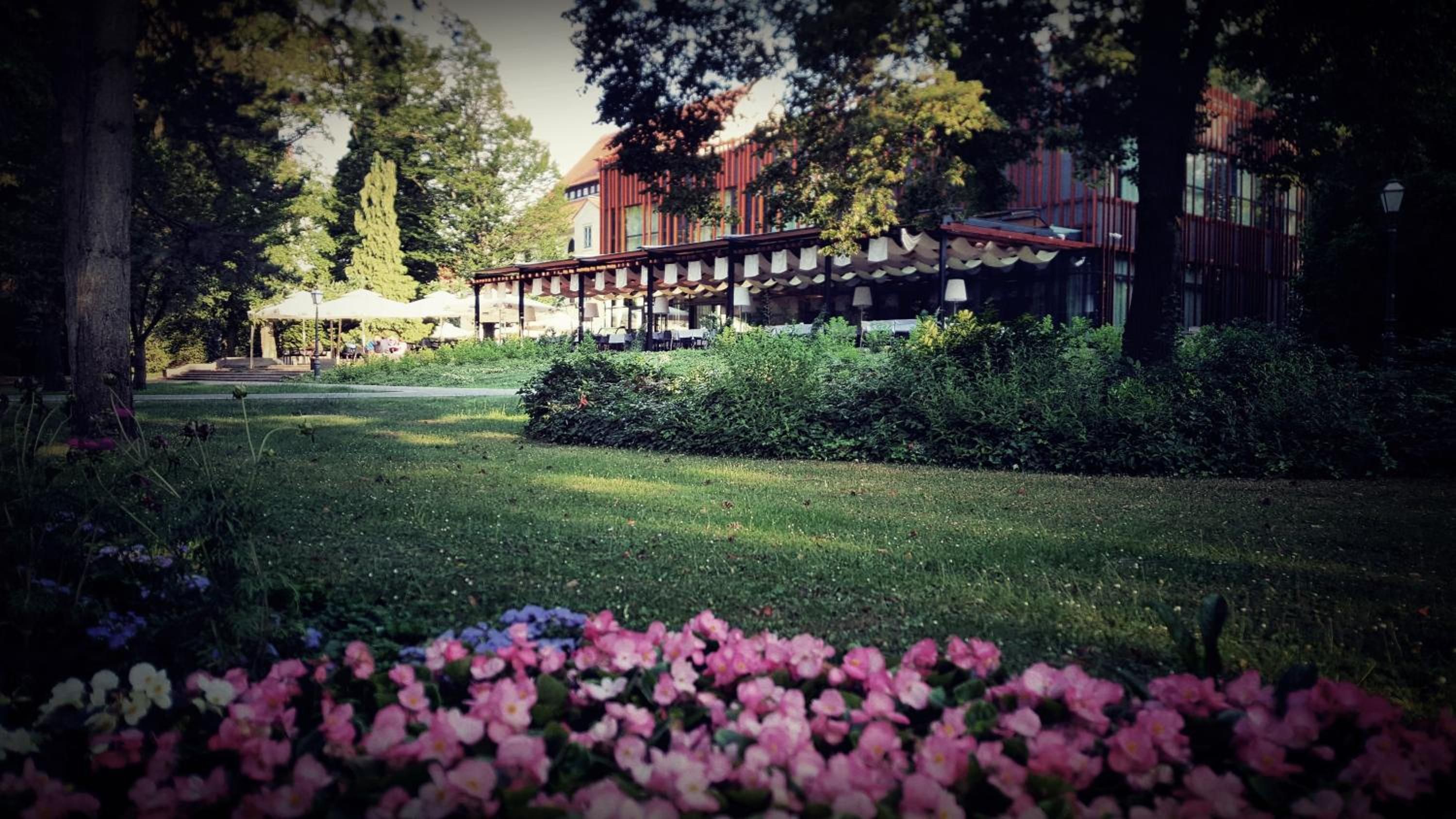 A building with a covered outdoor seating area, surrounded by greenery and a well-maintained lawn.