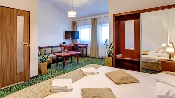 A hotel room with a bed, a desk, a television, and a bathroom. - Hotel Szelcow (Lesko)
