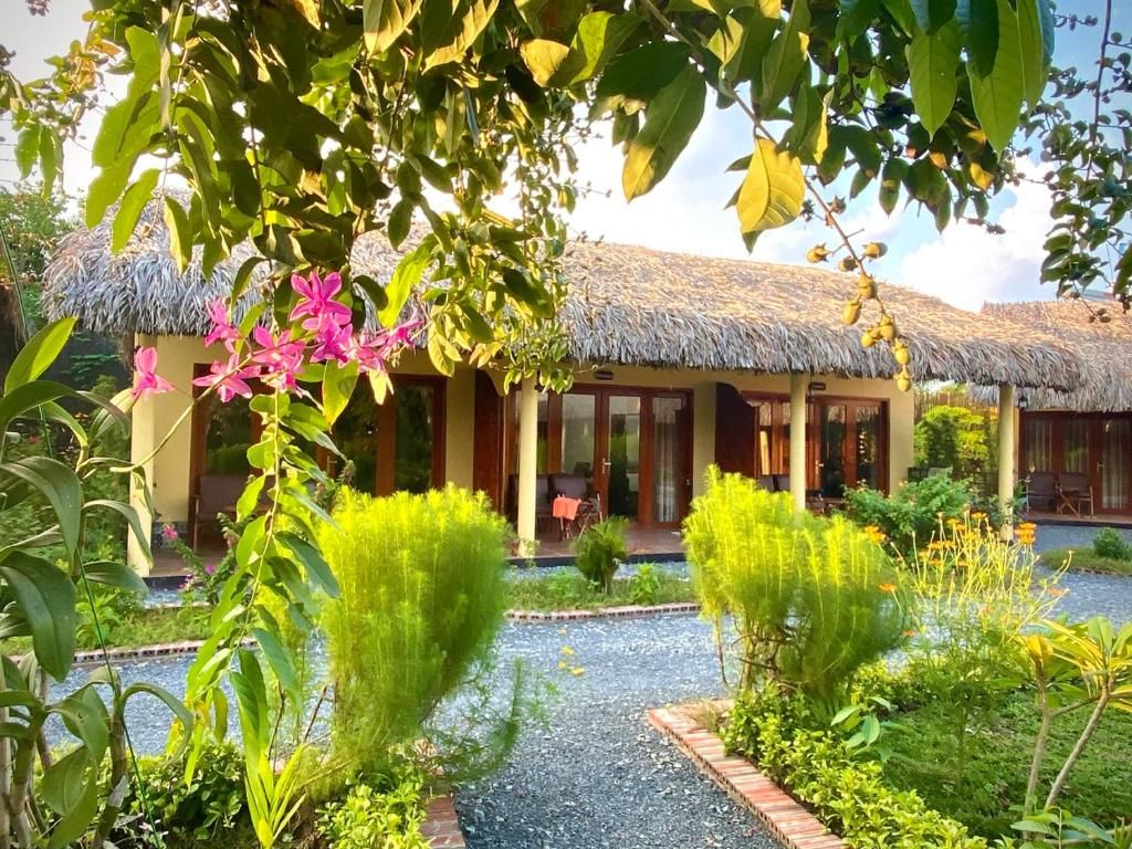 A building with a thatched roof, surrounded by a garden with various plants and a gravel pathway.