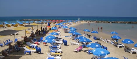 A beach with rows of sun loungers and umbrellas, a clear sky, and the ocean in the background.