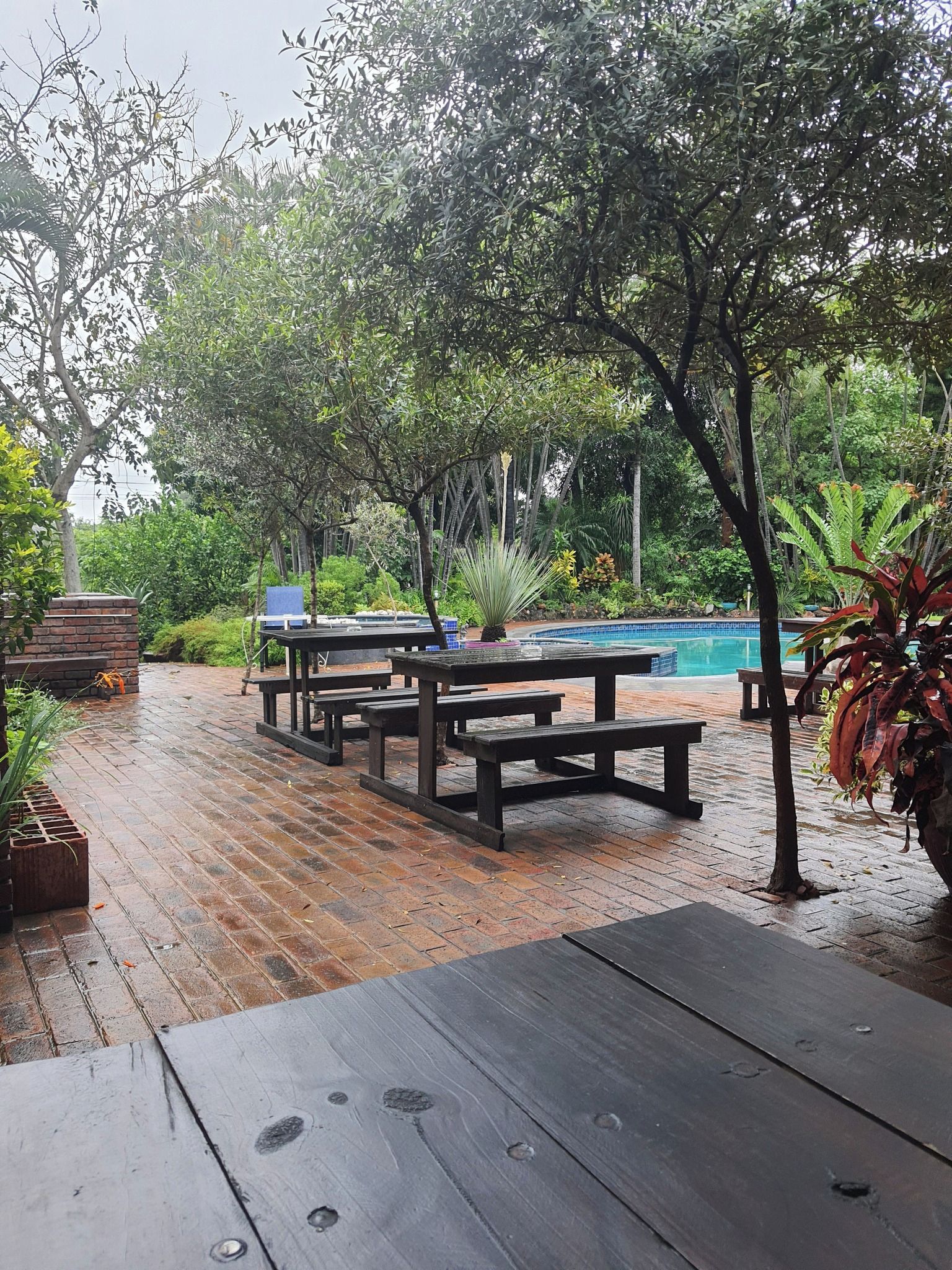 A wooden deck with picnic tables and benches, surrounded by lush greenery and a swimming pool.
