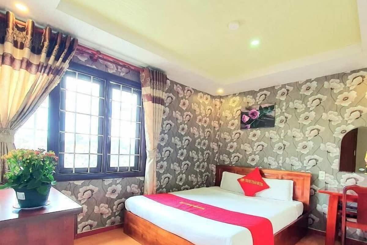 A hotel room with a bed, a desk, a chair, a potted plant, and a window with curtains.