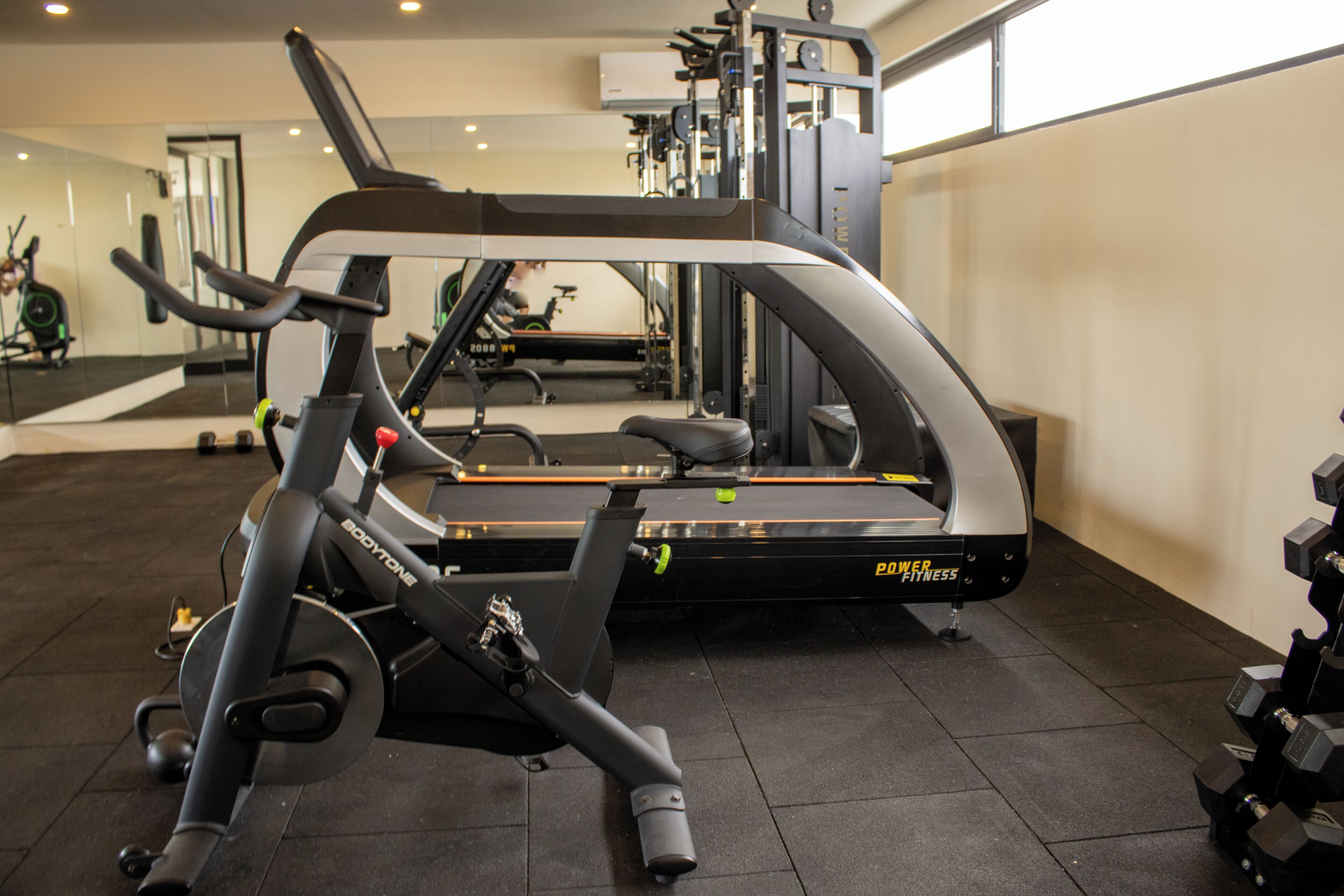 Une salle de sport équipée de machines de cardio, d’appareils de musculation et dotée d’un mur recouvert de miroirs.