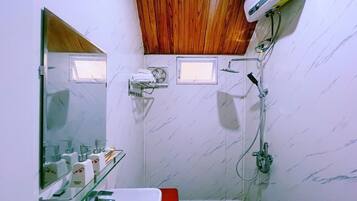 Shower, free toiletries, hair dryer, towels