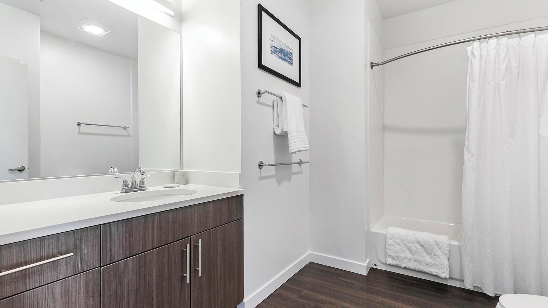 Un baño moderno con un espejo grande, dos lavamanos, una ducha y un cuadro enmarcado en la pared.