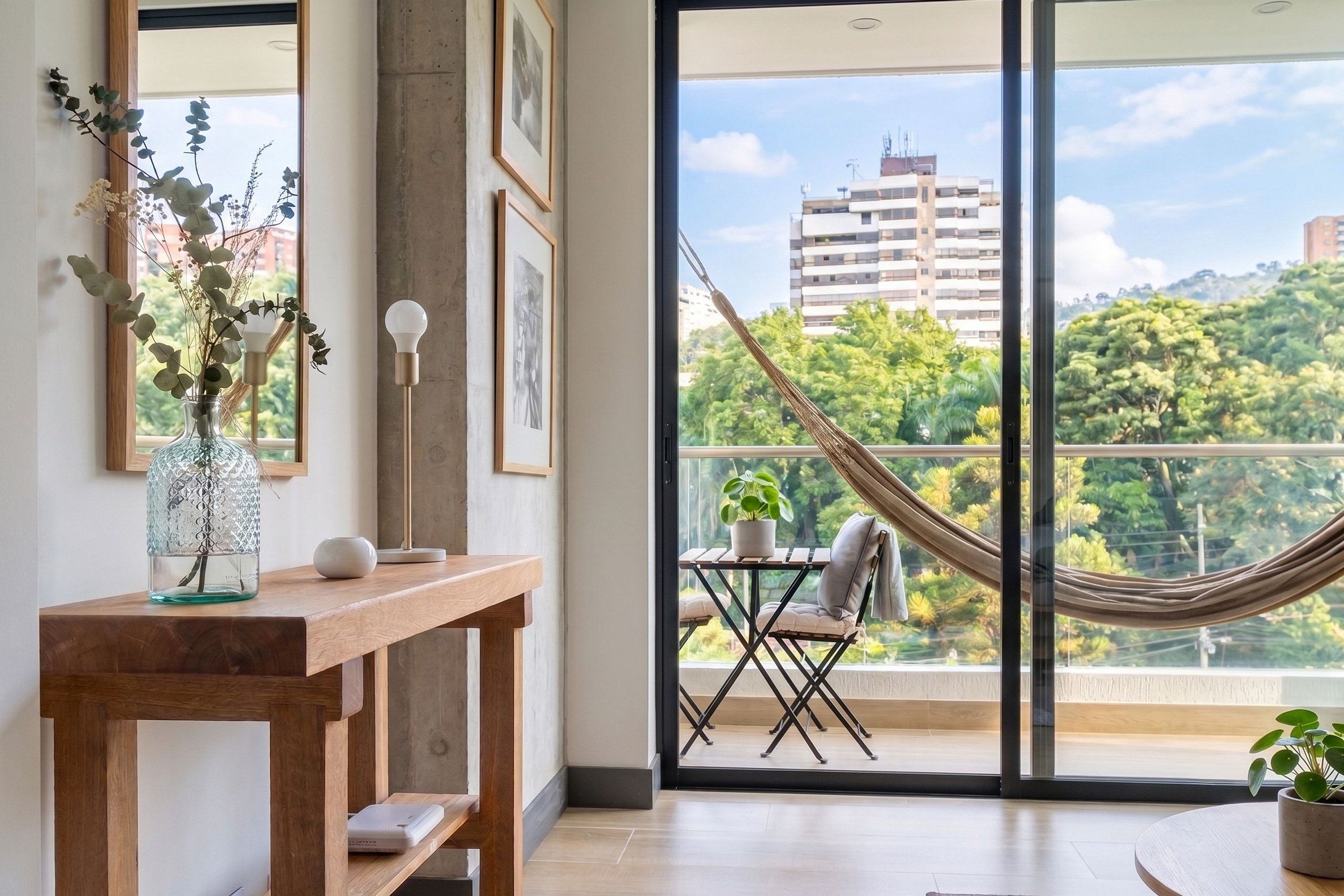 Un espace de vie moderne avec une table en bois, un hamac et un balcon offrant une vue sur la ville.