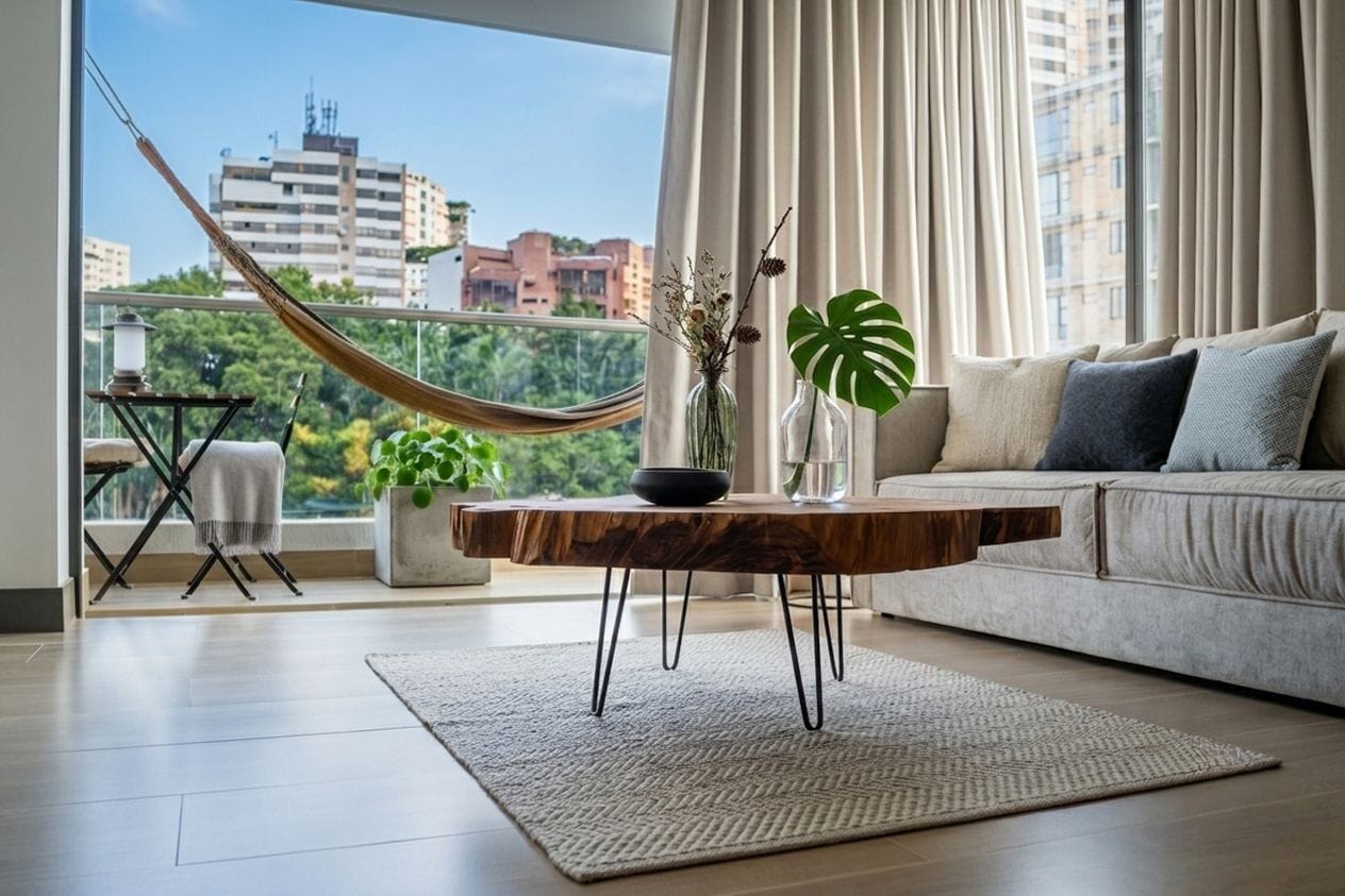 A modern living room with a hammock, a coffee table, a sofa, and a view of the cityscape.