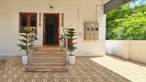 A building entrance with a staircase, potted plants, and an electrical panel.