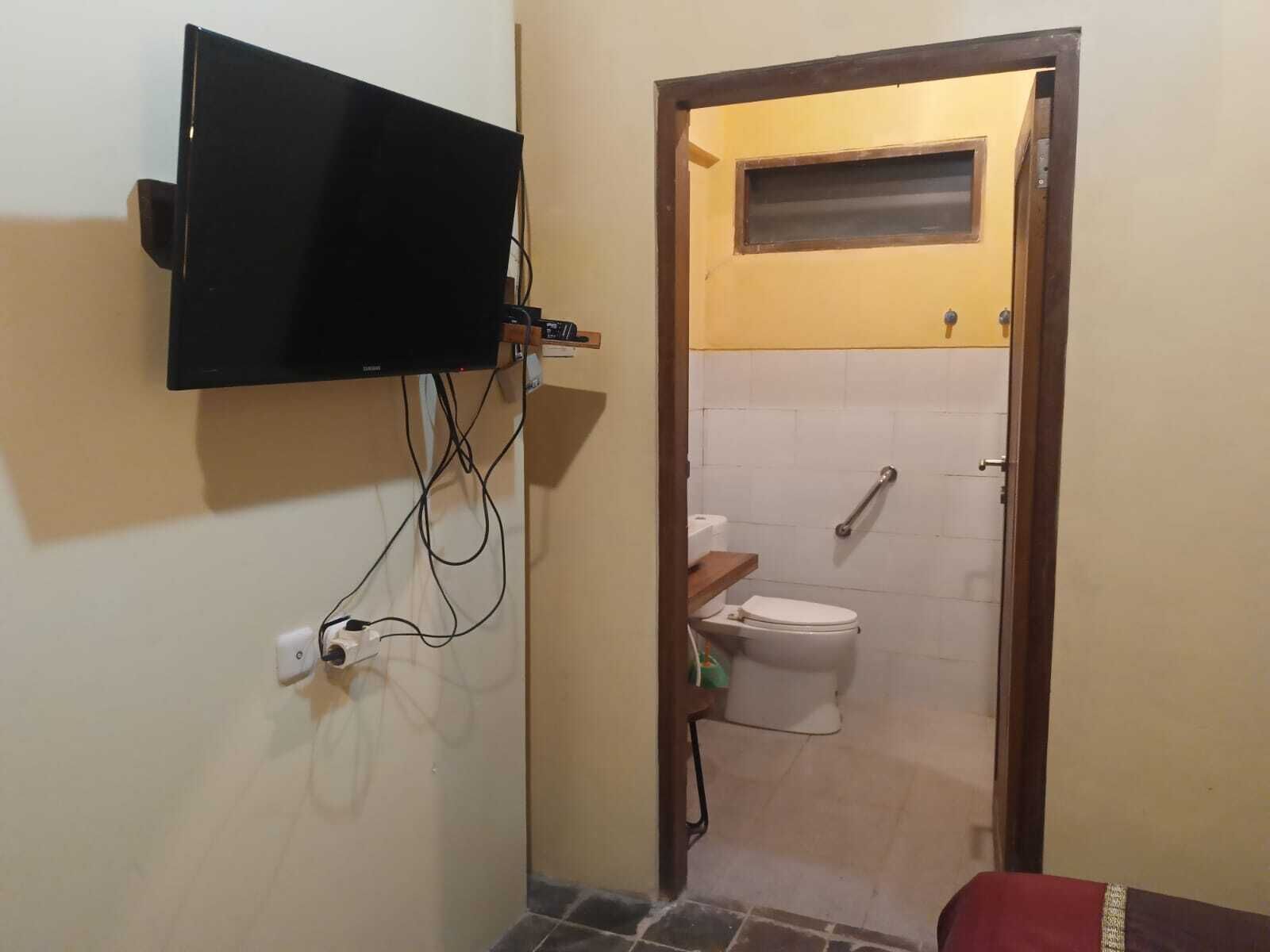 A bathroom with a toilet, a shower, and a television mounted on the wall.