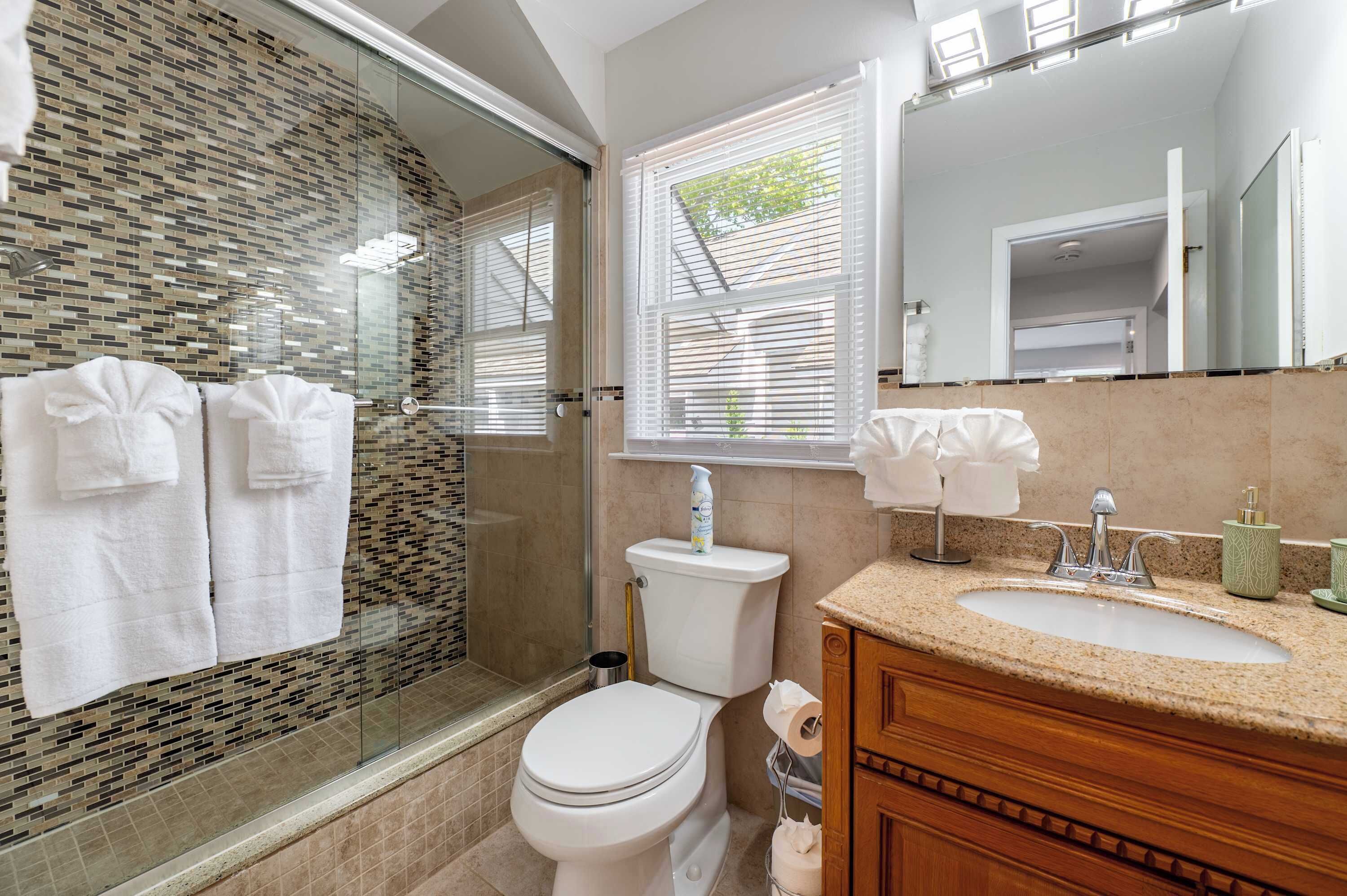 Shower, hair dryer, towels, shampoo
