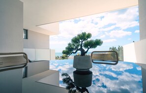 A modern interior with a glass table reflecting the sky, a bonsai tree, and a wicker chair. - Exclusive Two-Bed Coastal Apartment in Pure South (Manilva)