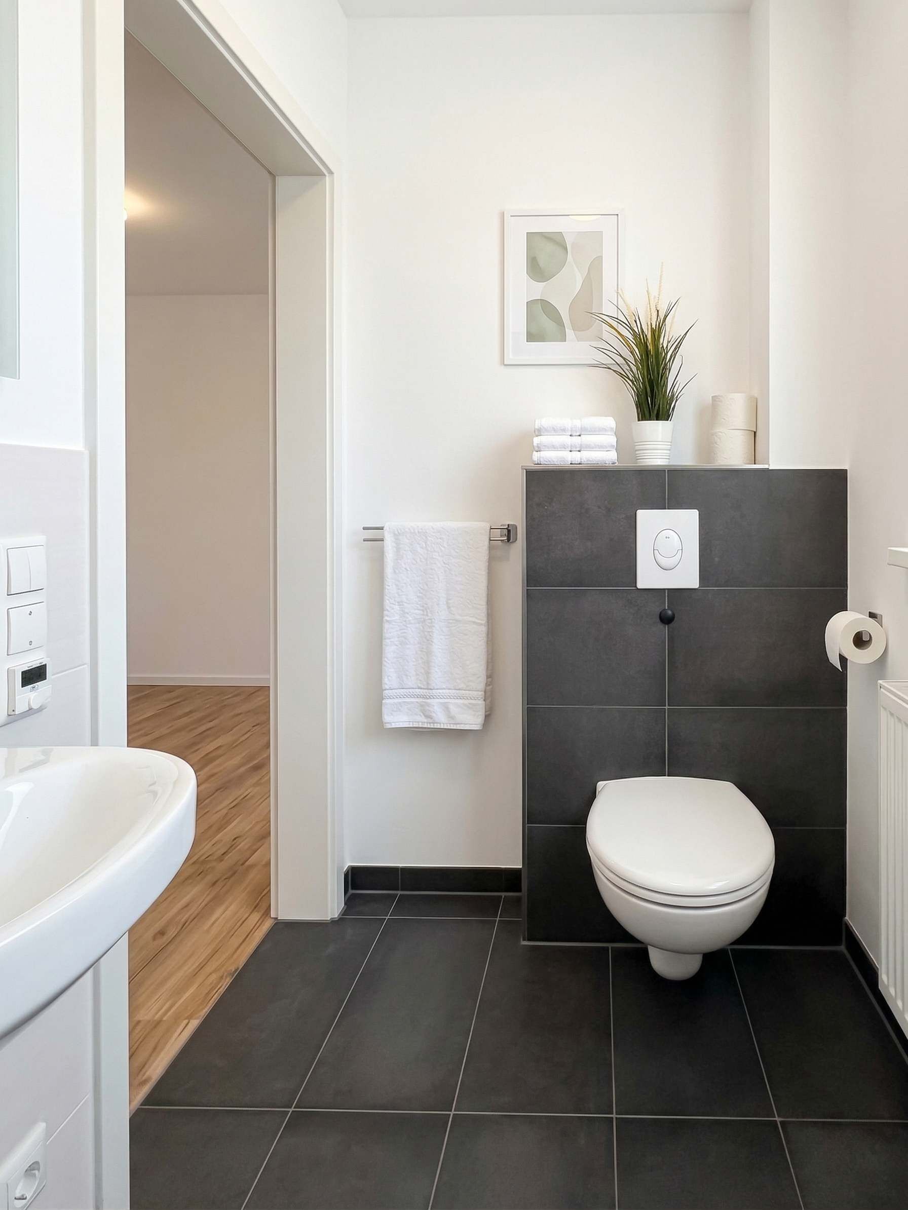 Une salle de bain moderne équipée de toilettes, d’un lavabo, d’un porte-serviettes et d’une plante en pot.