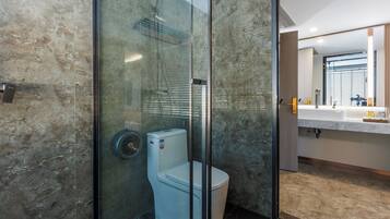 A modern bathroom with a glass-enclosed shower, a toilet, and a vanity with a mirror.