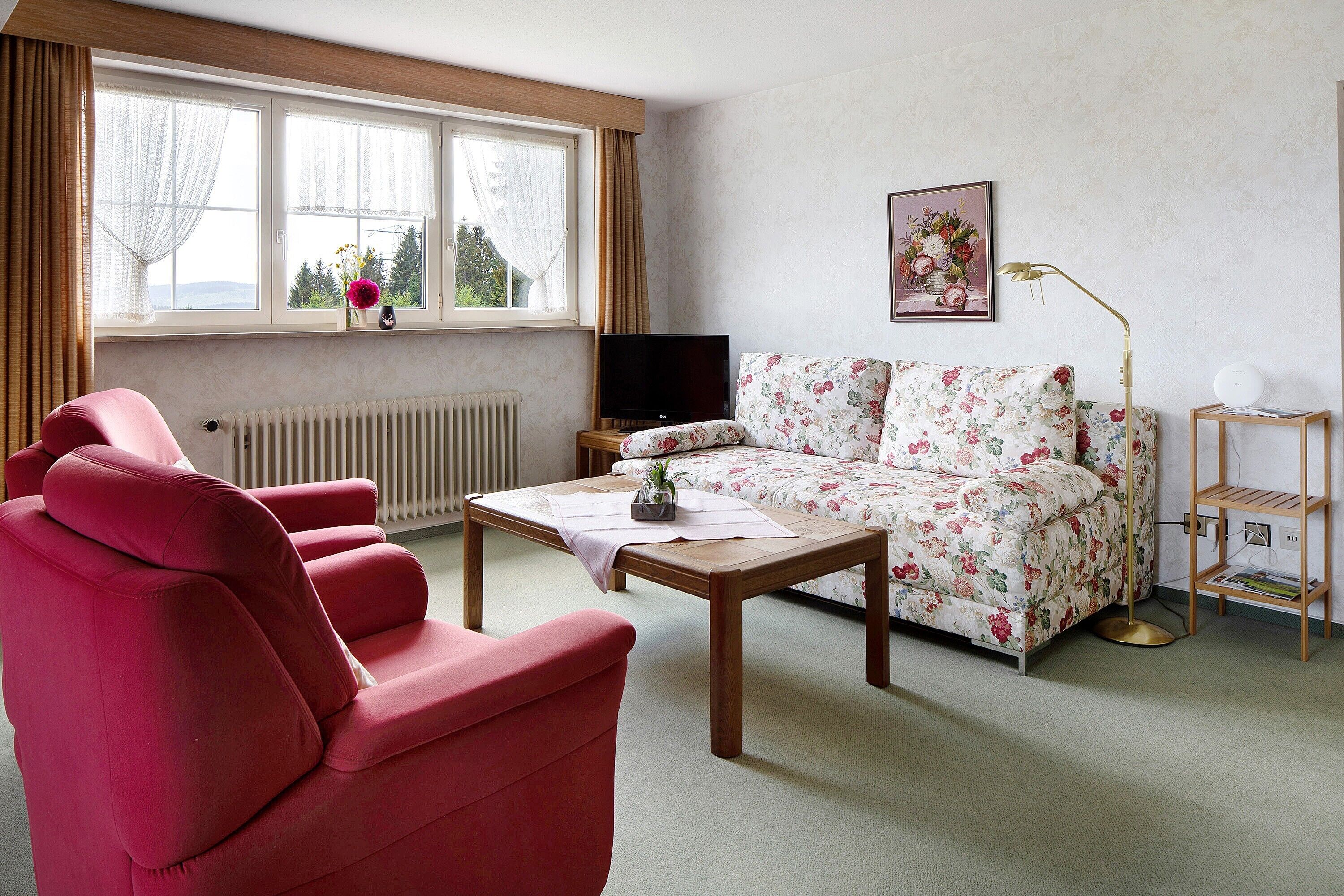 Una habitación con un sillón rojo, un sofá floral, una mesa de centro de madera, un televisor y un radiador.