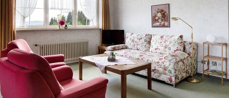 Una habitación con un sillón rojo, un sofá floral, una mesa de centro de madera, un televisor y un radiador.