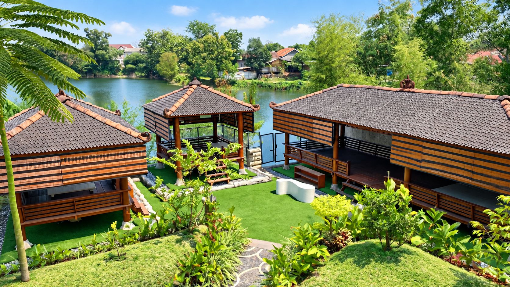 A resort with wooden cabins, a swimming pool, and lush greenery.