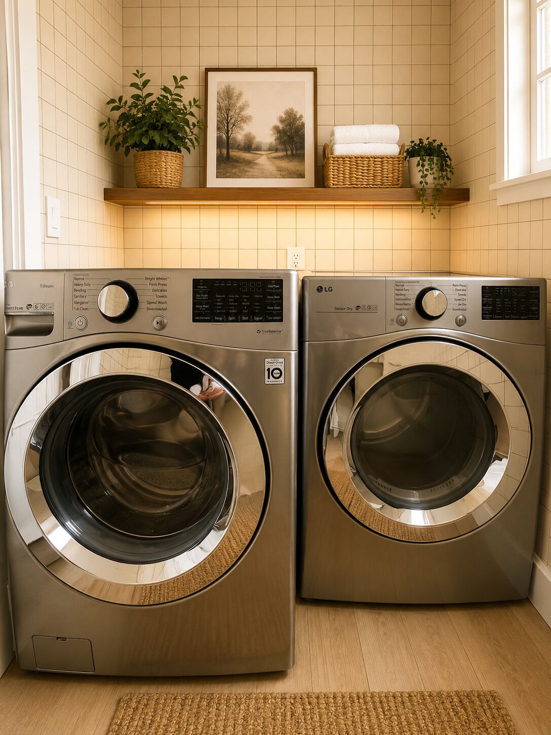 Two stainless steel front-loading washing machines in a laundry room with tiled walls, a wooden floor, and a shelf with plants and towels.
