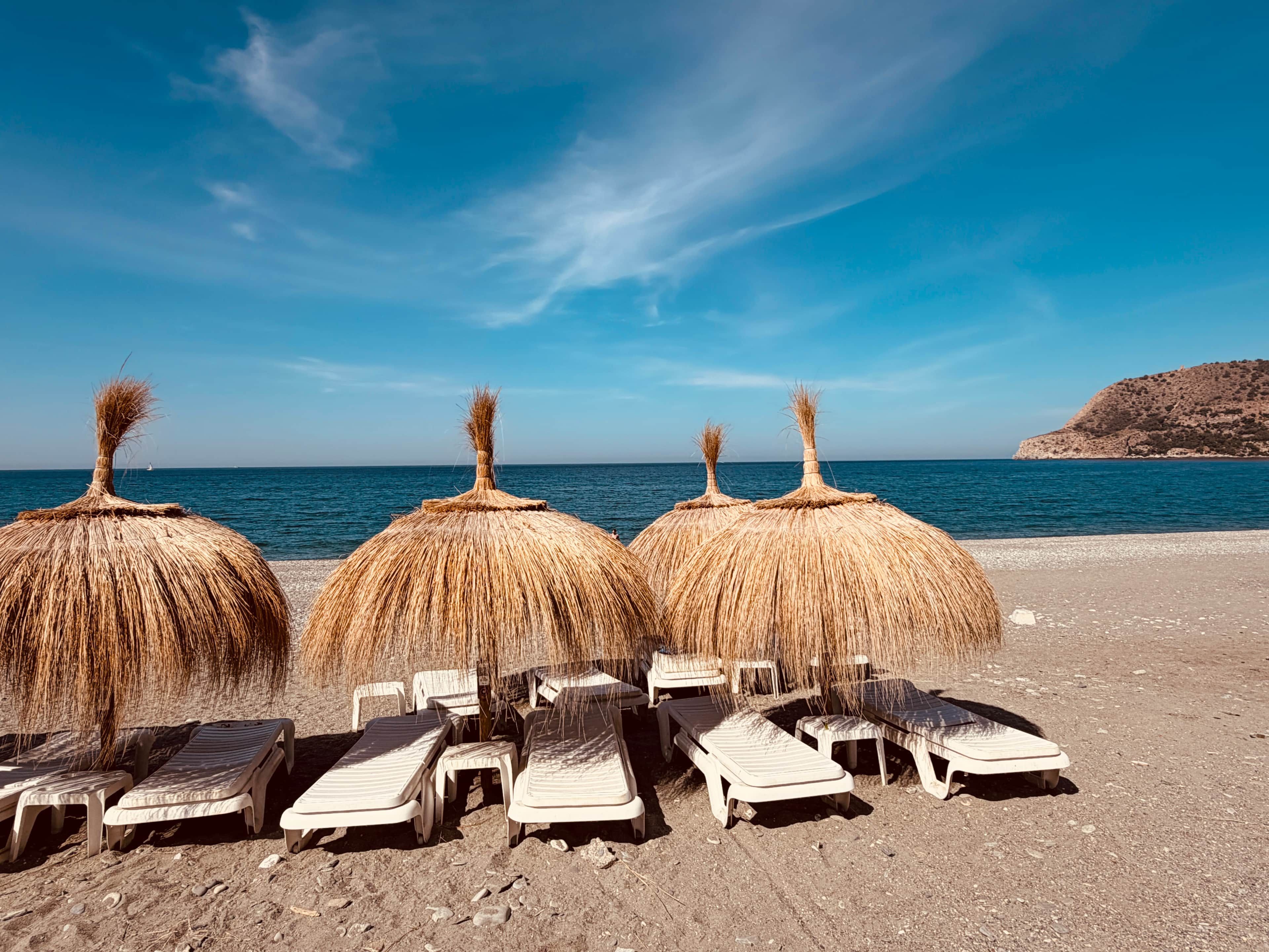 A beach with straw umbrellas and lounge chairs.