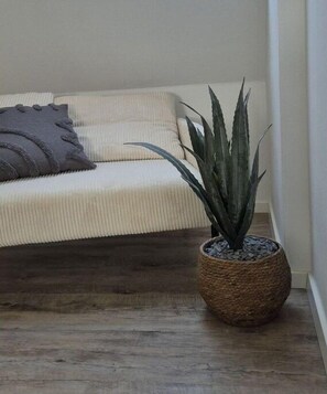 Ein Eckbereich eines Zimmers mit einem beigen Sofa, einem dunkelgrauen Kissen und einer Topfpflanze mit breiten Blättern in einem gewebten Korb.