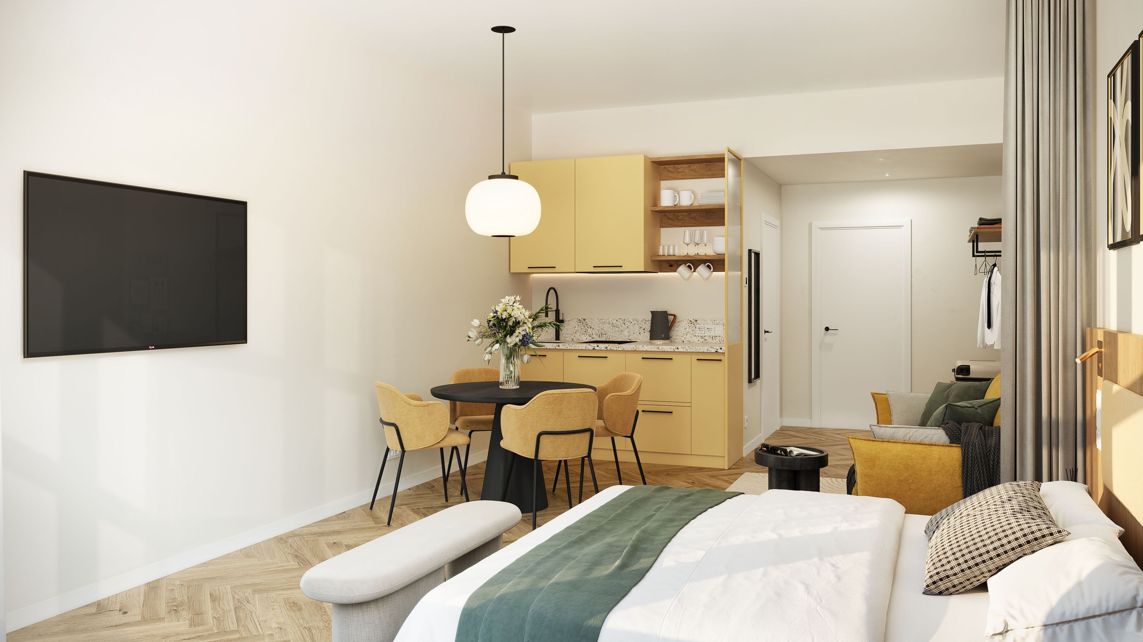 Signature Studio | Desk, laptop workspace, iron/ironing board, free cribs/infant beds