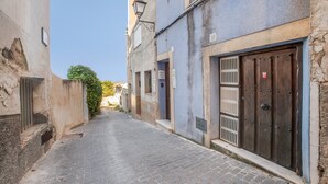 Una calle adoquinada estrecha bordeada por edificios con puertas de madera y un portón de metal.