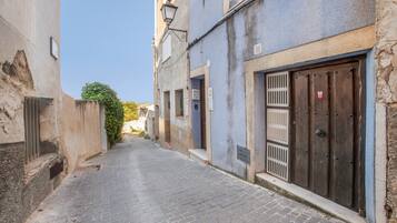 Una calle adoquinada estrecha bordeada por edificios con puertas de madera y un portón de metal.