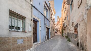 Una estrecha calle adoquinada bordeada por edificios históricos con puertas y ventanas visibles.