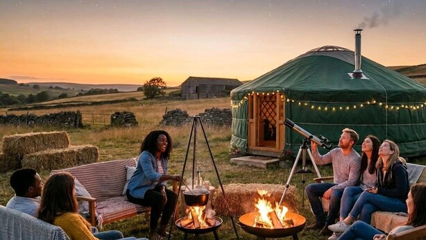 Una yurta con un telescopio, un hogar para fuego y fardos de heno en un campo.