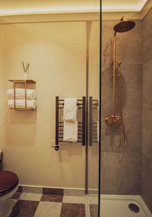 A bathroom with a shower, a toilet, a towel rack, and a glass partition.