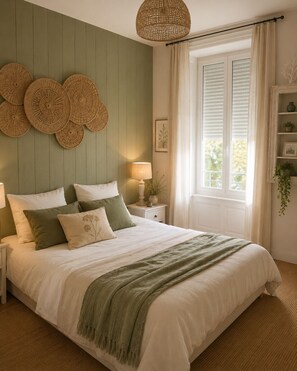 Une chambre à coucher avec un lit, des tables de chevet, une lampe, une fenêtre avec des rideaux et des éléments de décoration murale.