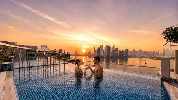 A rooftop infinity pool with a city skyline view at sunset. - Elegant Palm Studio with Sea View & Pool (Dubai)