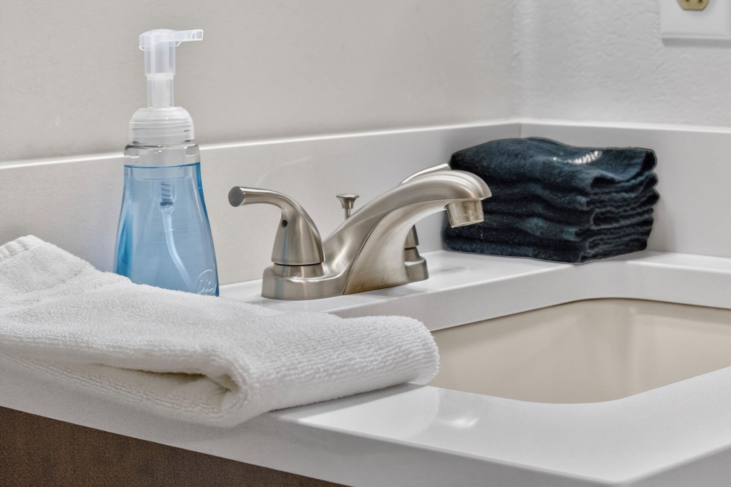 A bathroom sink with a faucet, a bottle of hand soap, and a folded white towel.