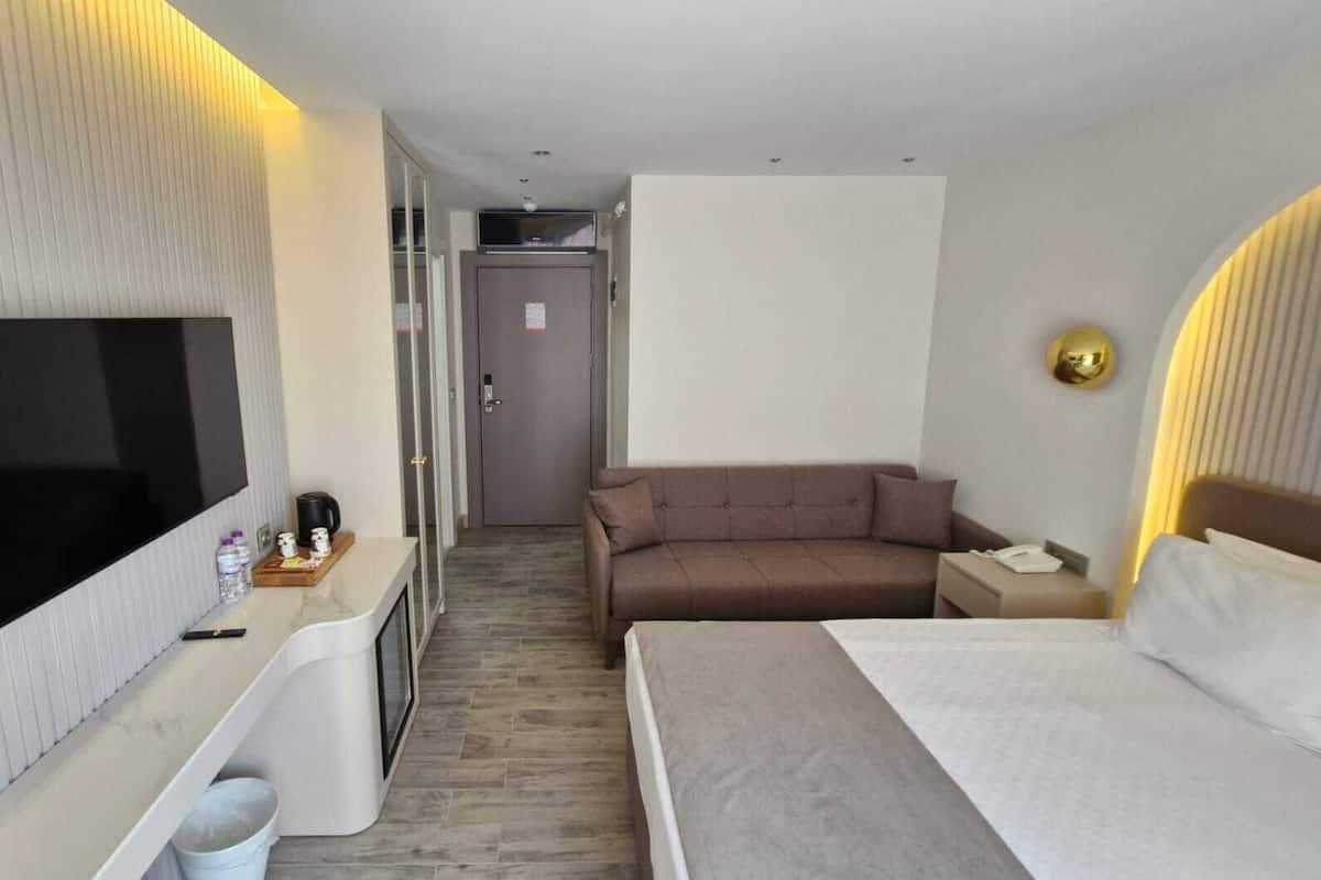 A hotel room with a bed, a sofa, a TV, a desk, and a bathroom.