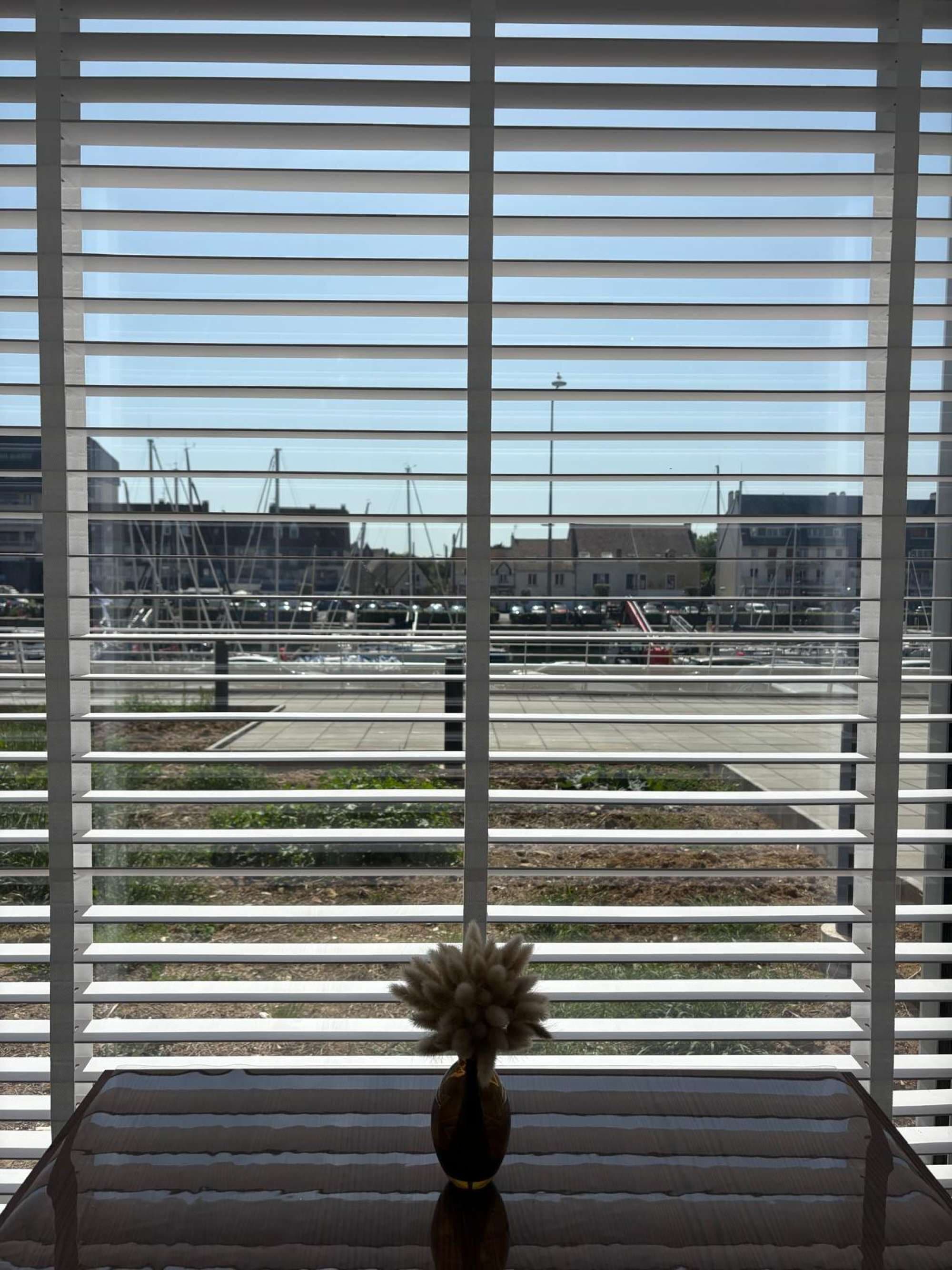 A window with horizontal blinds, a vase with a plant, and a view of an airport with buildings and cranes.