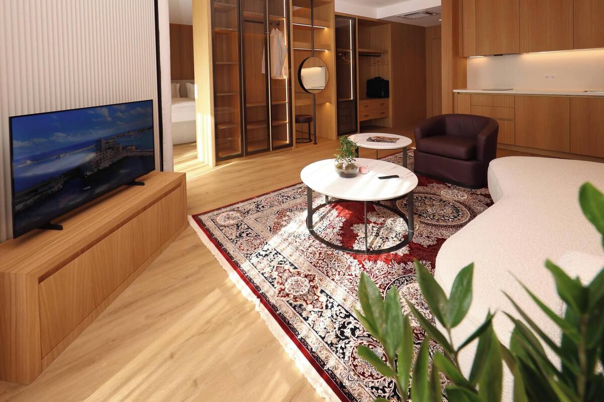 Habitación de hotel moderna con televisor de pantalla plana, sofá, mesa de comedor, una silla, armario grande y planta en maceta.