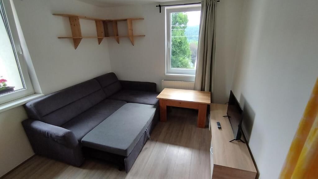 Ein Zimmer mit einer dunkelgrauen Couch, einem kleinen Holztisch und einem Fenster mit Blick auf Grünflächen.