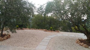 A landscaped garden with gravel paths, olive trees, and a stone border. - THE HOUSE ON THE LAKE - App. WISTERIA - MAIELLA PARK (Abruzzo)