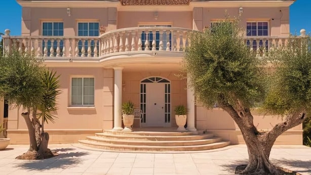A two-story building with a balcony, a central entrance, and two potted plants. - Villa Costa Dorada : Swimming pool, BBQ, 10 guests (Tarragona)