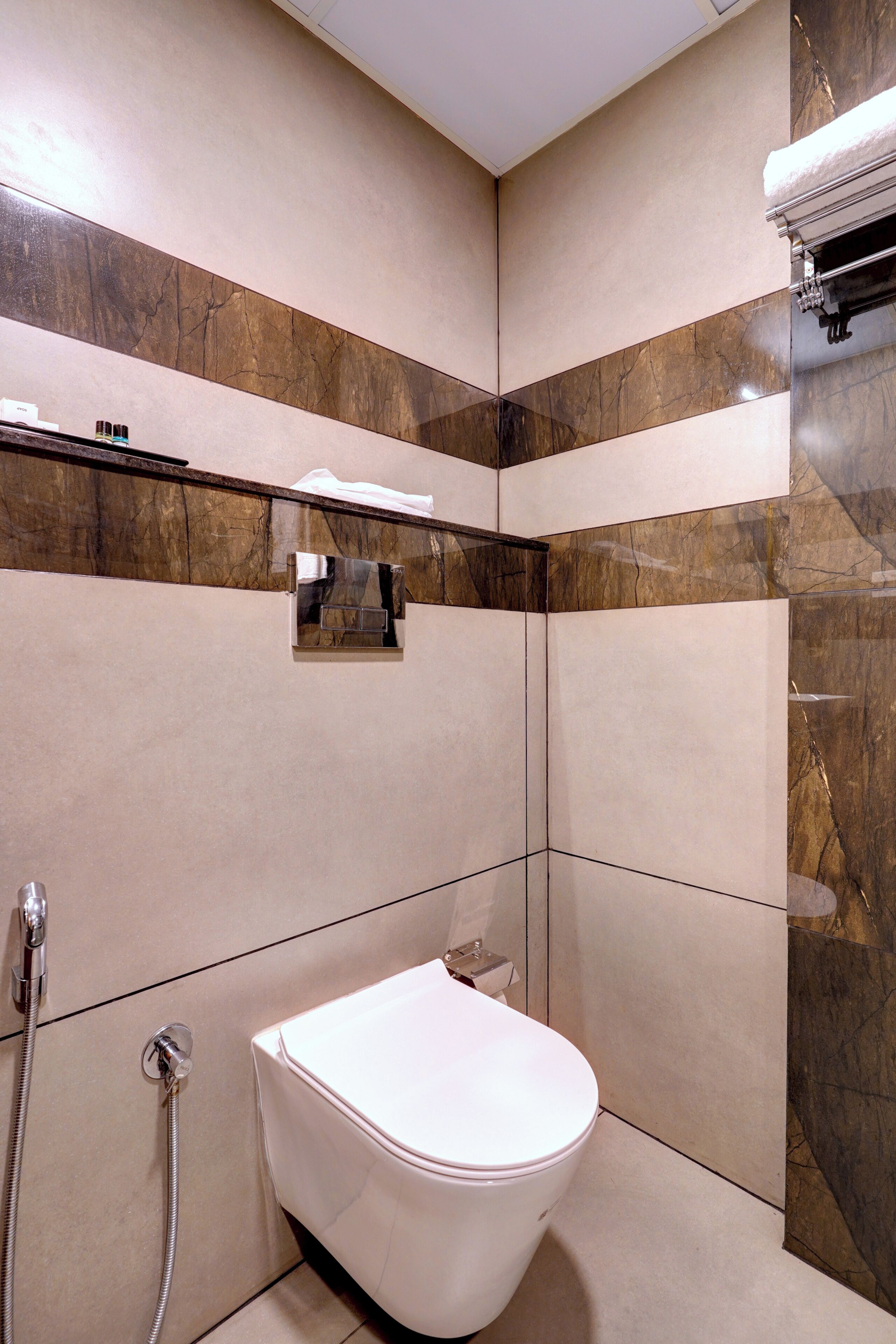 A bathroom with a white toilet, a shower area, and a towel rack.