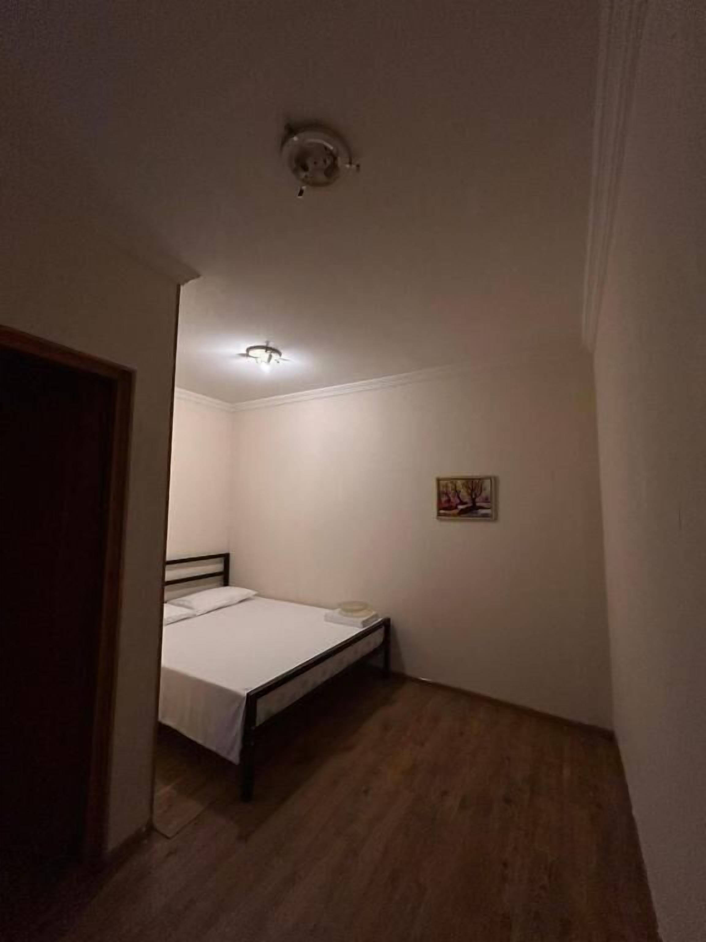 Una habitación pequeña y tenue, con una cama individual, un ventilador de techo y un cuadro pequeño en la pared.