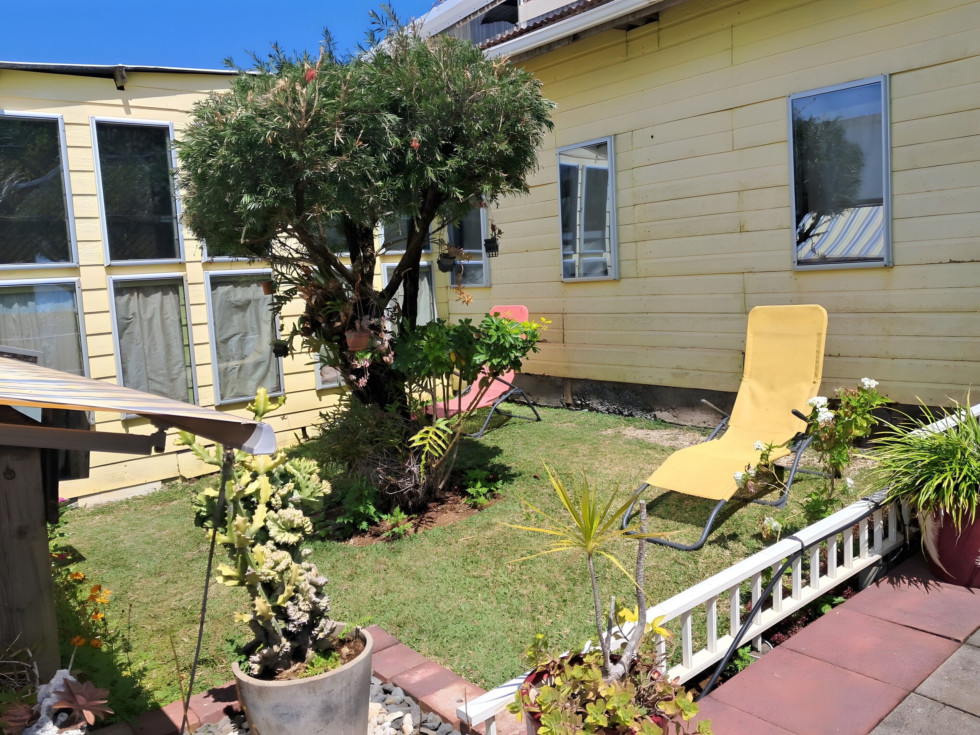 A residential backyard with a tree, a yellow chair, and a white fence.
