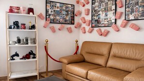 A room with a brown leather sofa, a white shelf with various items, and a red rope barrier. - Comfortable apartment for 2 guests in the historic district - Cinema getaway (Angers)