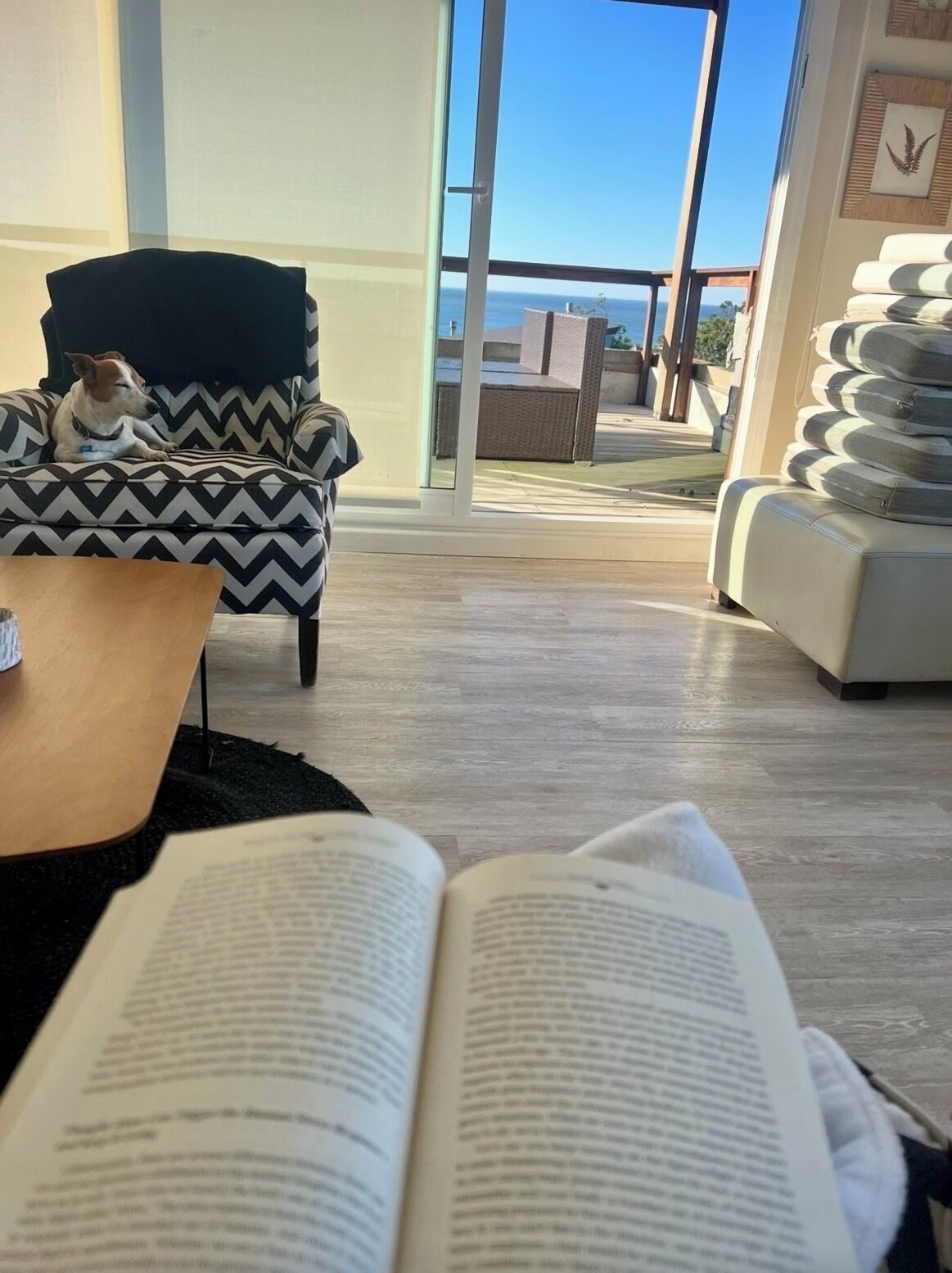 A room with a large window, a black and white patterned chair, a wooden table, and a book.