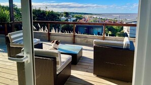 Área externa coberta com móveis de vime, um cão, e vista para a água e edifícios.